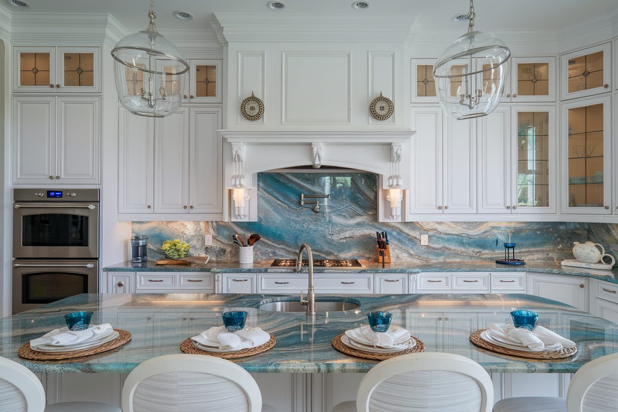 White Kitchen with Blue Pearl Granite Backsplash ideas