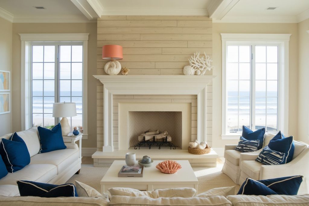 living room ideas with stone fireplace​