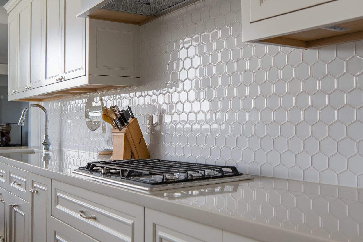 white embossed hexagon backsplash tile kitchen