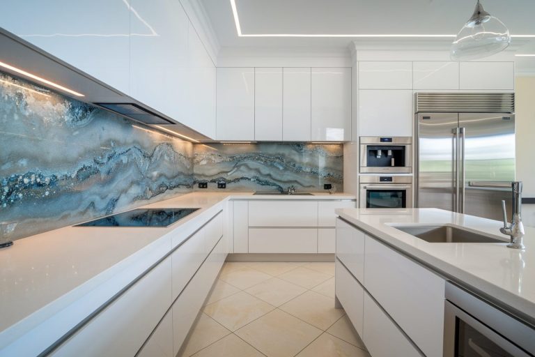 white kitchen with blue pearl granite backsplash ideas