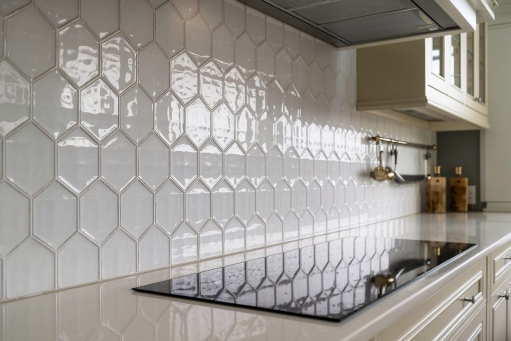 white hexagon backsplash tile