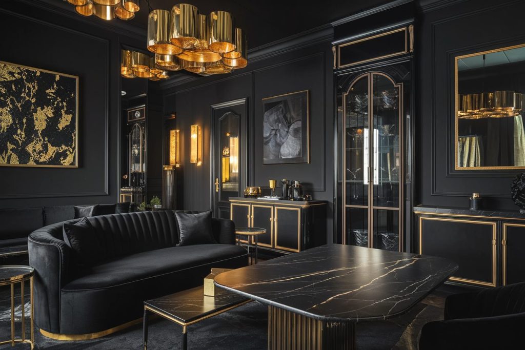 black white and gold interior design