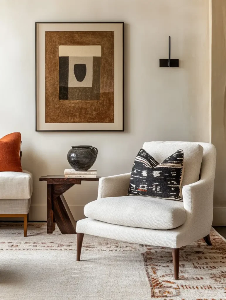 Modern neutral living space with an accent chair, geometric wall art, tribal pillow, and rustic side table with ceramic decor.