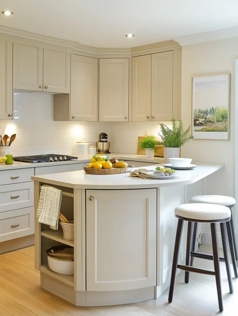 Bright kitchen featuring a corner kitchen island with built-in shelves, light cabinetry, and two cushioned stools.