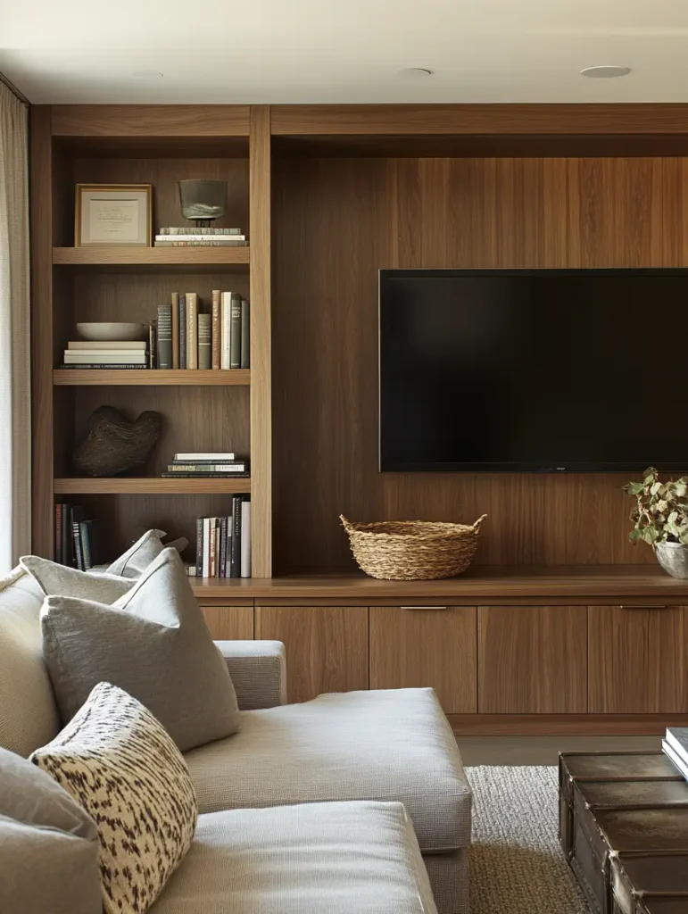 Cozy living room featuring custom built-in wooden shelving with decor, a wall-mounted TV, and a soft gray sectional sofa.