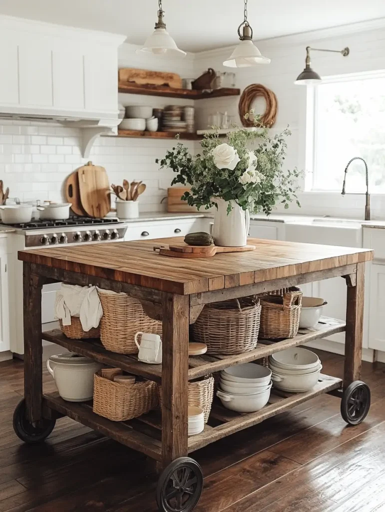 Rustic kitchen with a DIY pallet kitchen island featuring open shelves, wicker baskets, and a vase of white flowers
