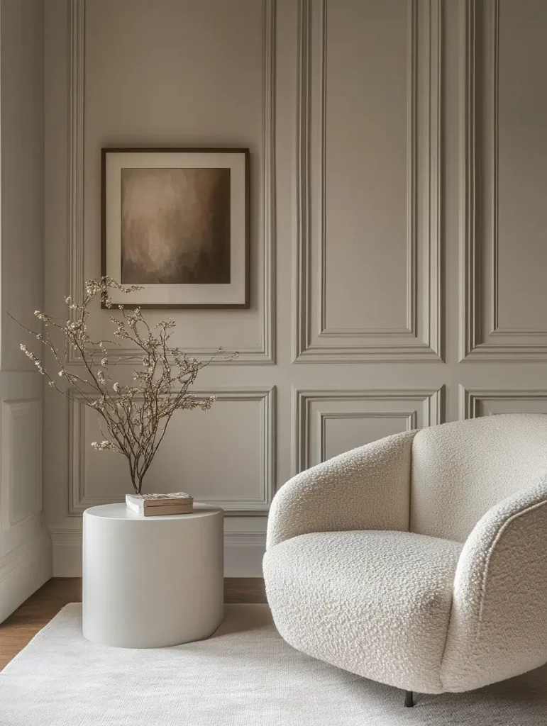 Sophisticated corner with detailed wall molding, a boucle armchair, and a minimal round side table topped with a book and dried floral arrangement.