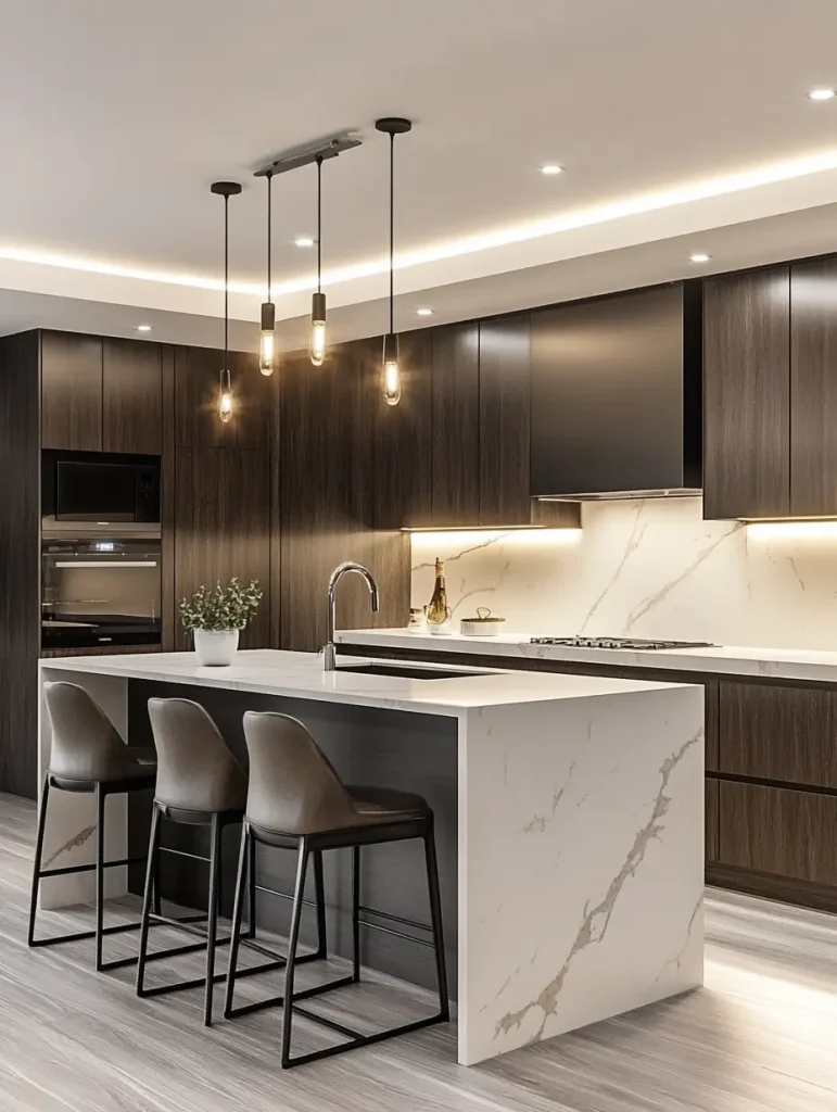 Modern kitchen with a sleek floating kitchen island, marble waterfall countertop, dark wood cabinets, and minimalist pendant lights.