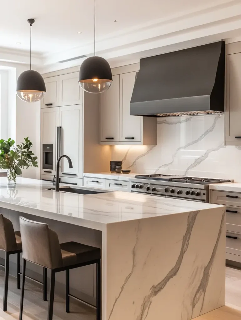 Luxurious modern kitchen with a waterfall marble island, matte black range hood, and pendant lighting.