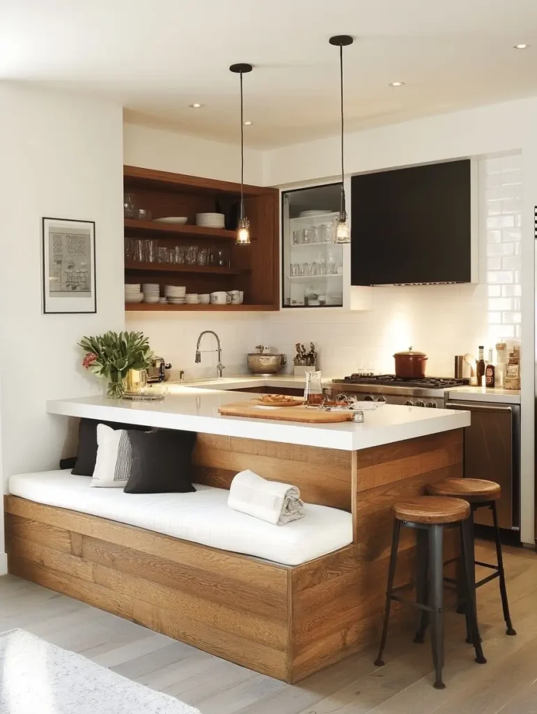 Warm wood kitchen island with built-in bench seating and white countertop in a cozy, modern kitchen.