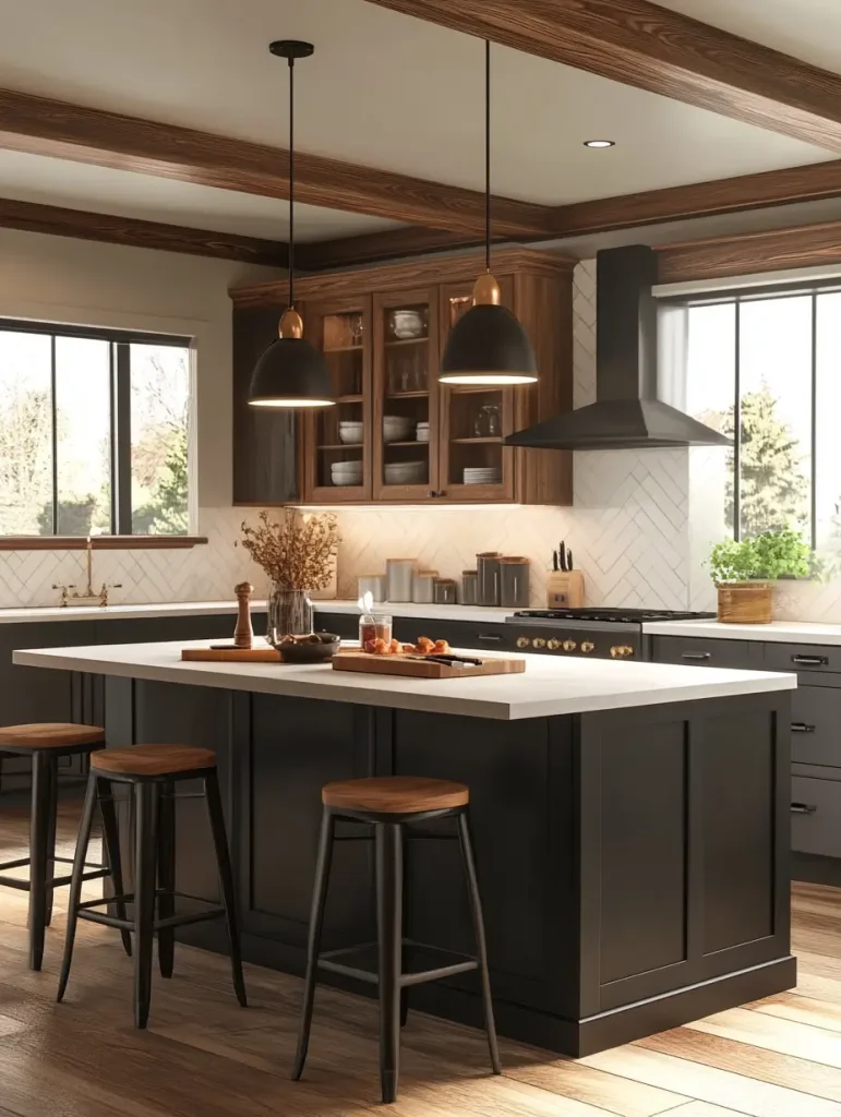 Modern rustic kitchen with a dark wood island featuring a white countertop and foldable extensions, surrounded by barstools and pendant lighting.
