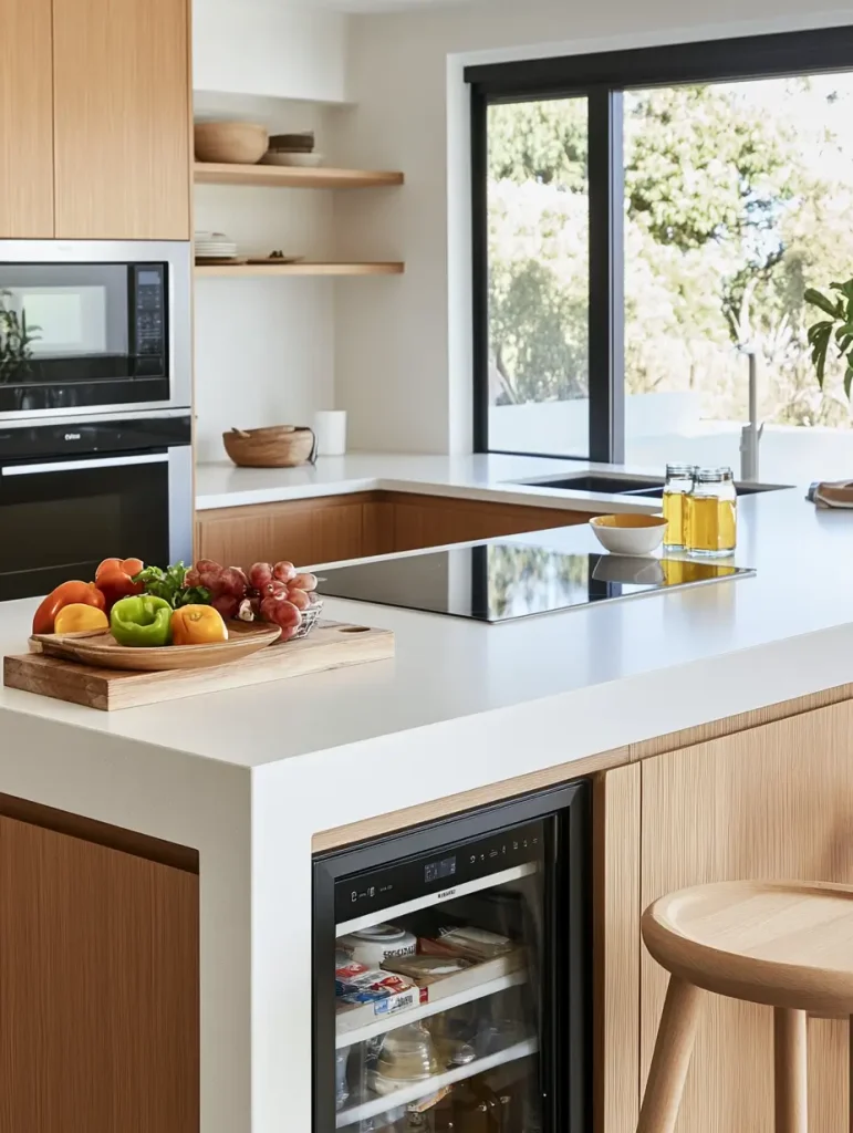 Modern kitchen island with built-in beverage refrigerator and induction cooktop, surrounded by light wood cabinetry and fresh produce.