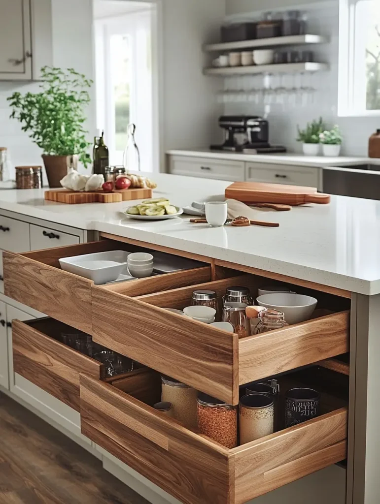 Contemporary kitchen island with built-in wooden storage drawers fully opened, displaying neatly organized bowls, jars, and containers.