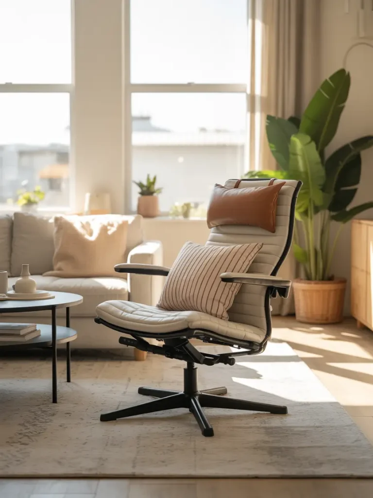 Ergonomic living room chair with lumbar support and cushions designed for back pain relief.