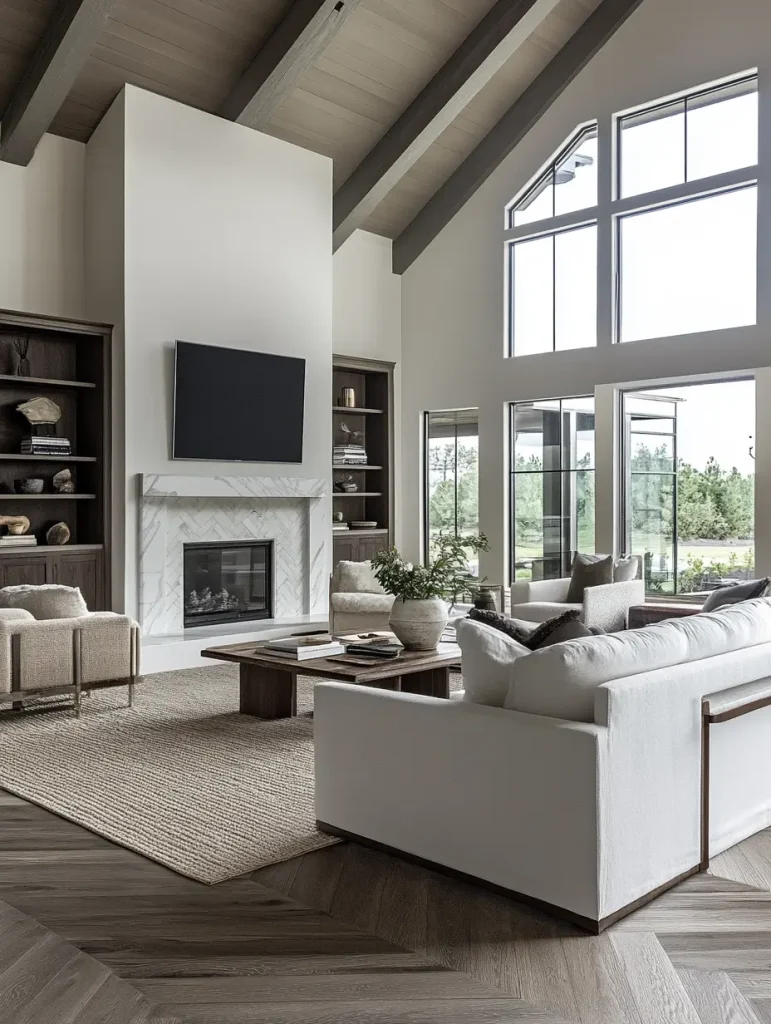 Elegant living room with vaulted ceilings, large windows, and dark wood herringbone flooring that adds a luxurious touch.