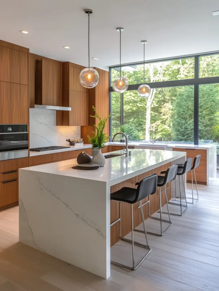Modern luxury kitchen with wood-paneled cabinets, waterfall marble island, pendant lighting, and floor-to-ceiling windows.