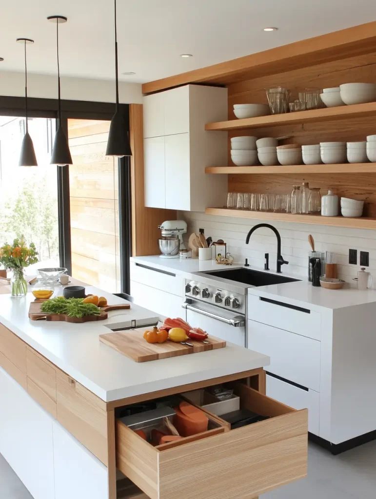 Modern multi-functional kitchen island with built-in drawers, white countertop, and food prep area.
