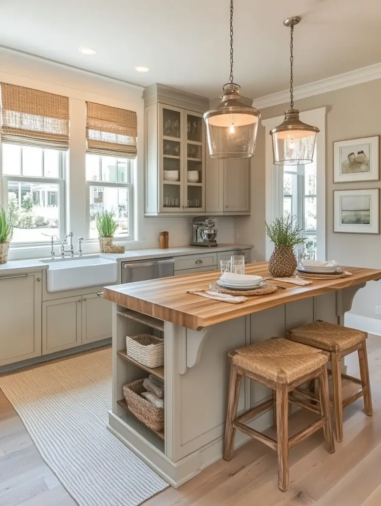 Light-filled kitchen with a narrow kitchen island featuring a butcher block top, wicker baskets, and two rustic stools.