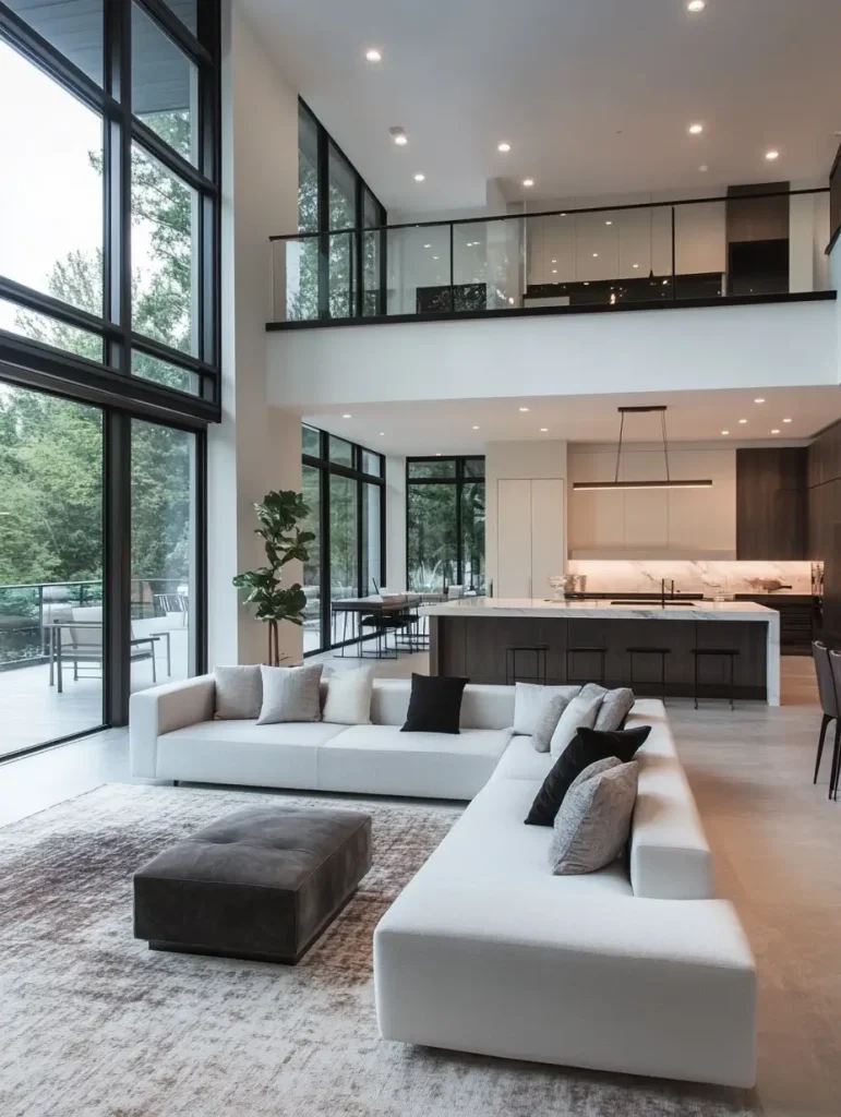 Spacious modern open-concept living area with floor-to-ceiling windows, minimalist white sectional sofas, and a large kitchen island.