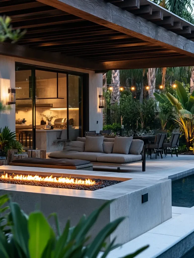 Luxurious outdoor living space with cushioned seating, modern fire pit, and poolside view surrounded by lush greenery and string lights.