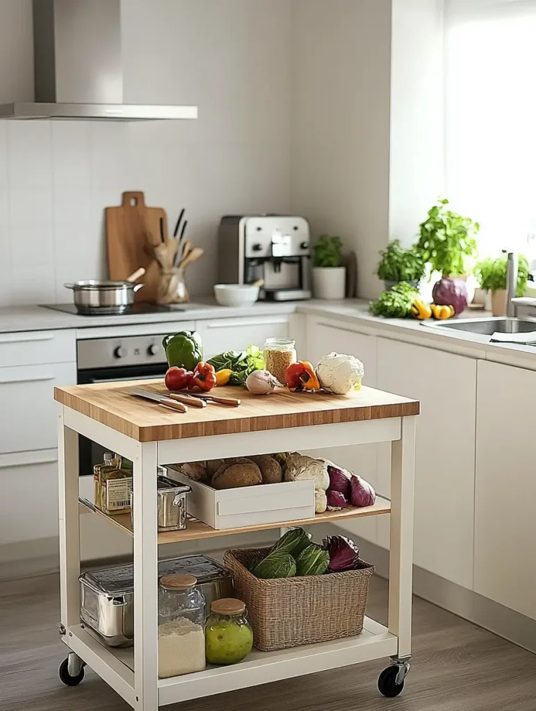 Modern rolling kitchen island with butcher block top, vegetables, and storage baskets in a bright kitchen.