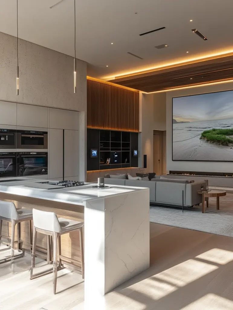 Modern open-concept living space with smart home features, including a kitchen island, built-in appliances, and a large wall-mounted screen.