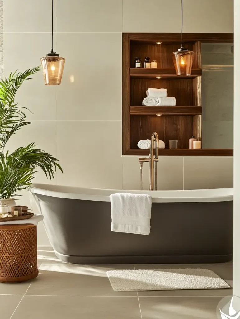 Elegant spa-style bathroom with a freestanding soaking tub, warm wood shelving, pendant lights, and rolled white towels.