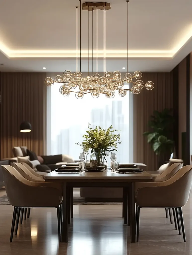 Elegant dining room with a modern chandelier composed of clustered glass orbs, surrounded by beige upholstered chairs and a wooden dining table.
