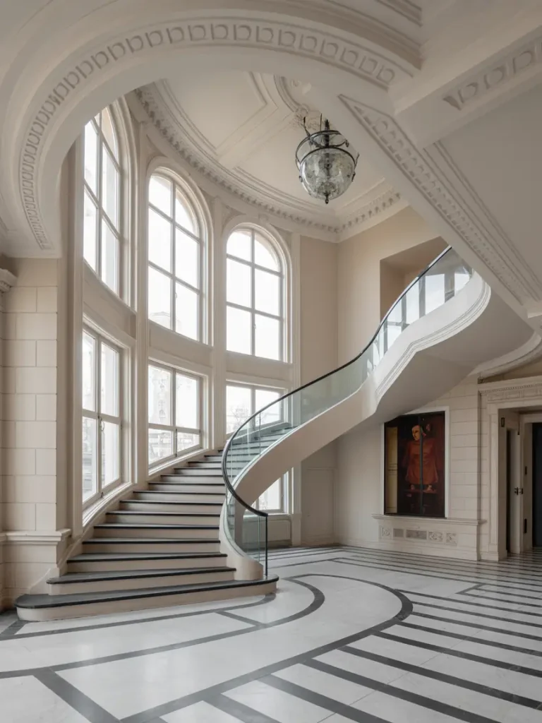 Curved grand staircase with glass railing and intricate architectural detailing in a luxury home interior.