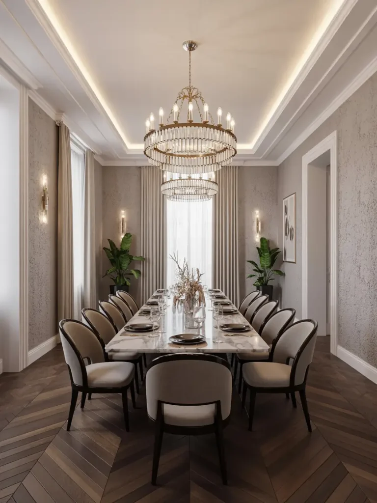 Elegant luxury dining room with a long marble dining table, upholstered chairs, and a grand crystal chandelier.