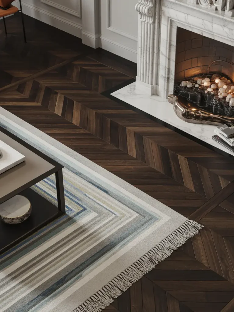 Luxury living room with dark herringbone wood flooring, white marble fireplace, and a modern striped area rug in neutral and blue tones.