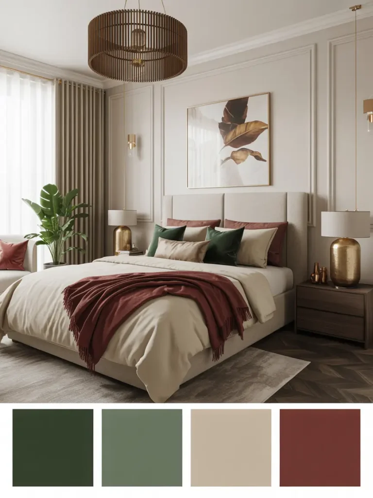Luxury bedroom with beige walls, green and burgundy accent pillows, a beige bedspread, and a warm brown throw blanket, showcasing a modern luxury home color palette with earthy tones.