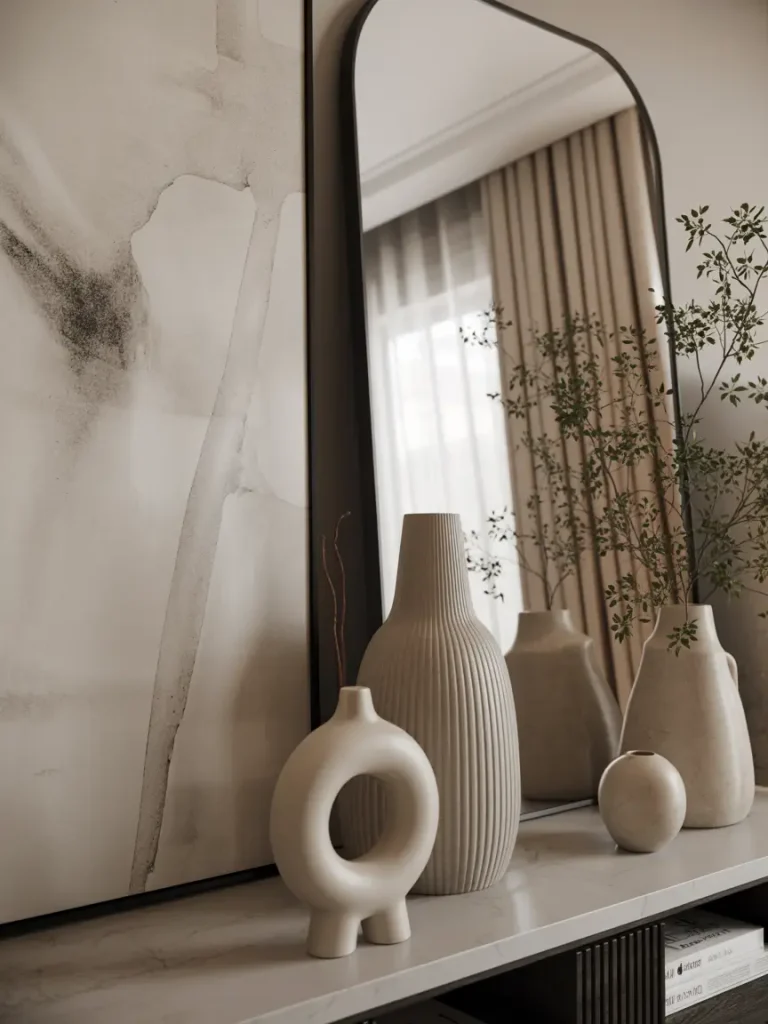 Luxury home decor with modern ceramic vases and minimalistic accessories on a marble console table.