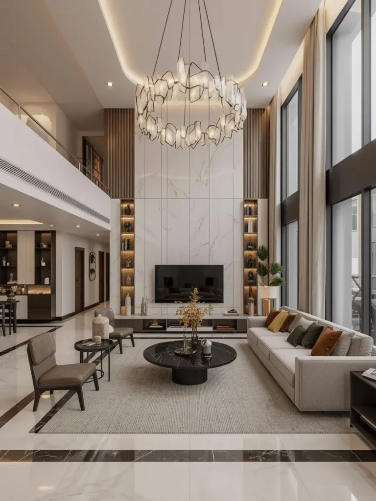 Modern luxury living room with tall windows, marble flooring, a statement chandelier, and a sleek black coffee table surrounded by neutral-toned furniture.
