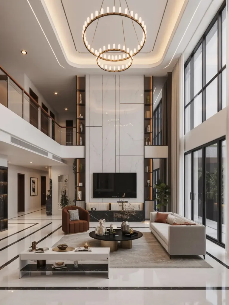 Modern luxury living room with high ceilings, marble flooring, large chandelier, and elegant contemporary furniture.