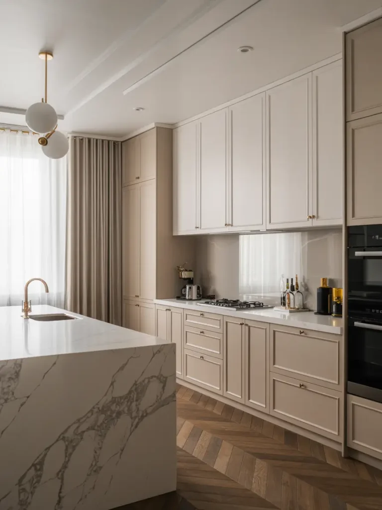 Modern luxury kitchen with marble island, beige cabinetry, gold accents, and herringbone wood flooring.
