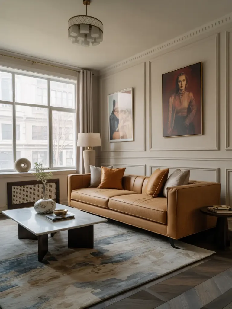 Luxury living room with tan leather sofa, modern marble coffee table, and wall paneling décor.