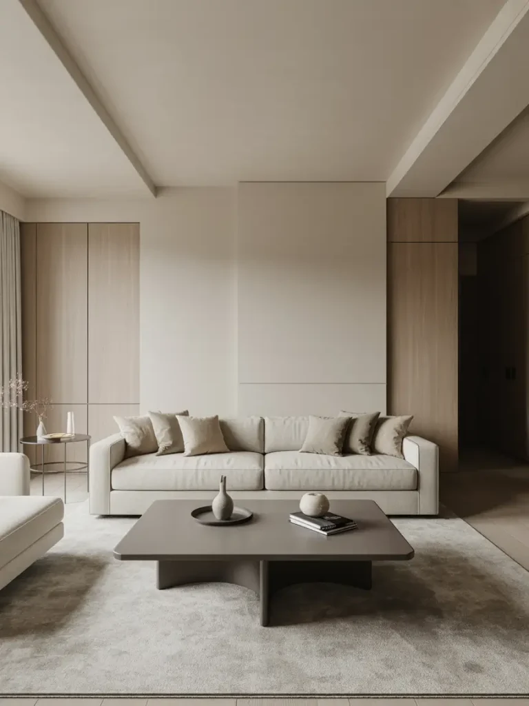Minimalist luxury living room with beige sofa, neutral decor, and modern coffee table in a serene, clutter-free space.