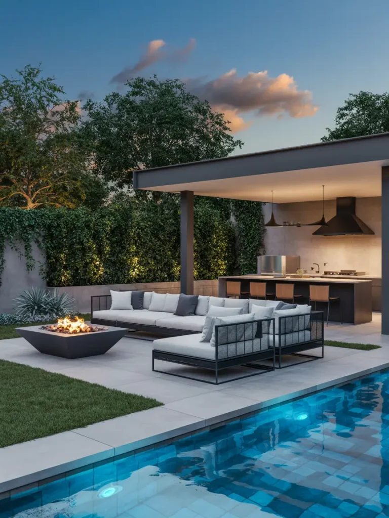 Modern outdoor luxury living space with a sleek fire pit, poolside lounge seating, and a covered outdoor kitchen area.