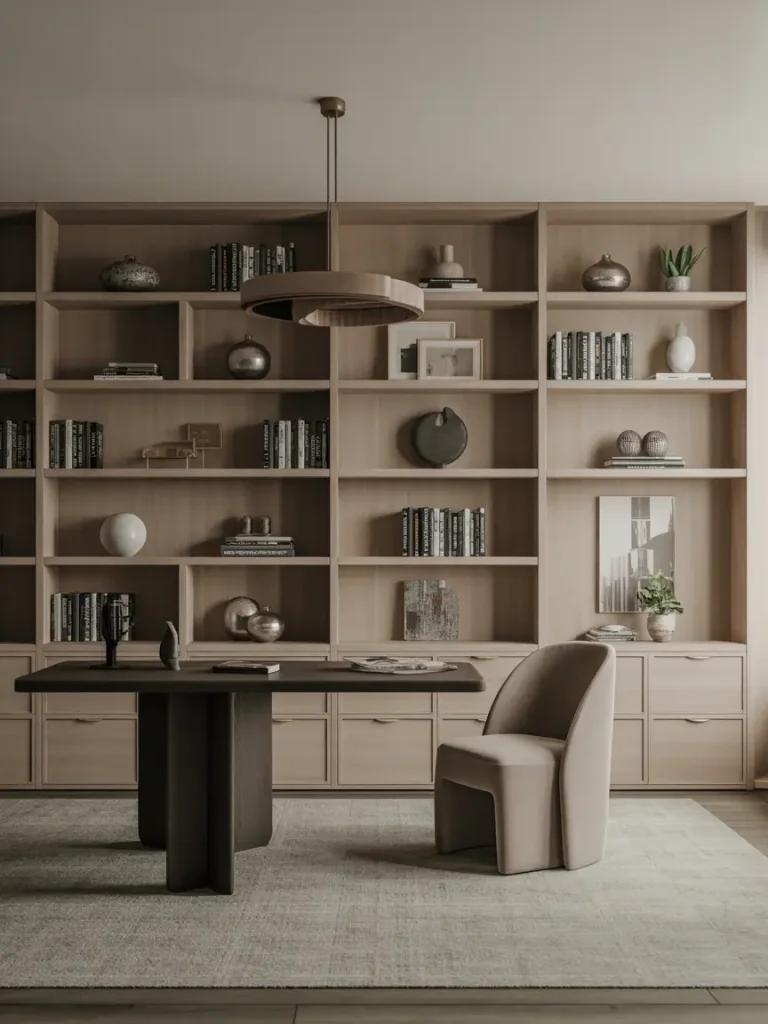 Elegant home office with custom built-in shelving, modern desk, and neutral-toned chair showcasing personalized luxury touches.