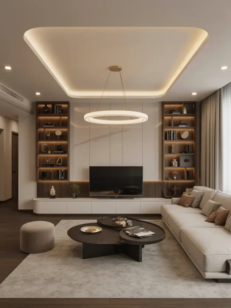 Modern luxury living room with smart home technology, featuring sleek built-in shelving, ambient ceiling lighting, and a large sectional sofa.