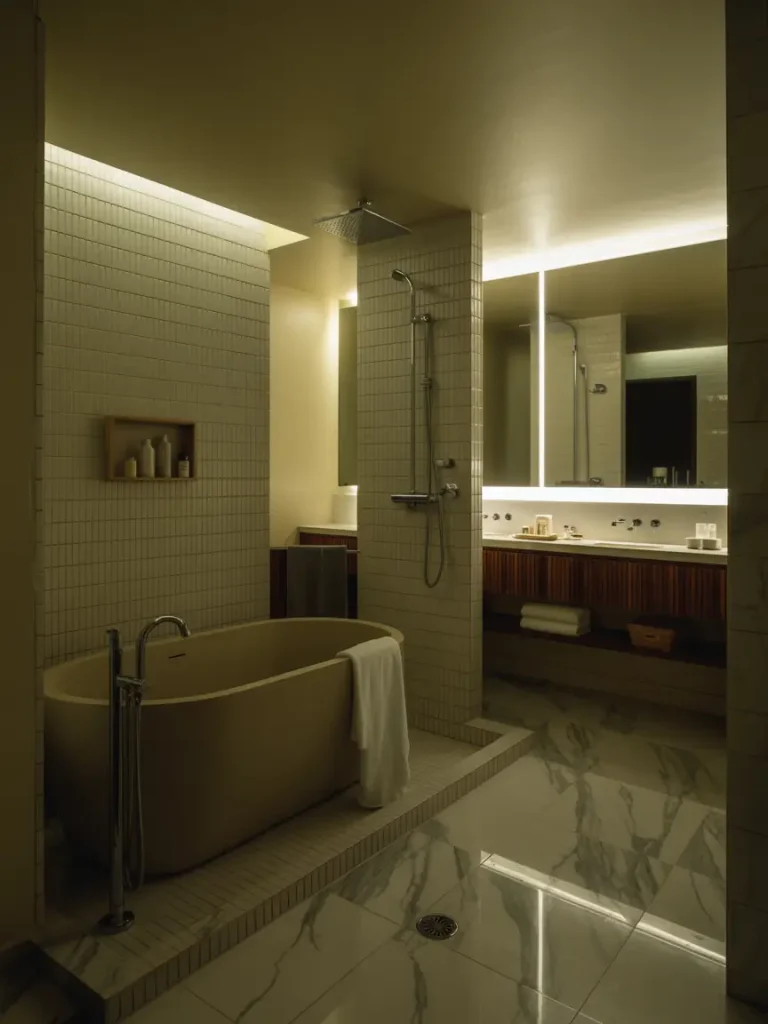 Spa-like luxury bathroom with a freestanding tub, walk-in shower, large illuminated vanity mirror, and marble tile flooring.