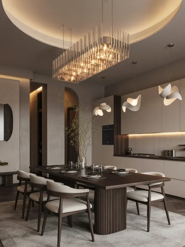 Modern luxury dining room with a statement chandelier, sleek furniture, and warm accent lighting.