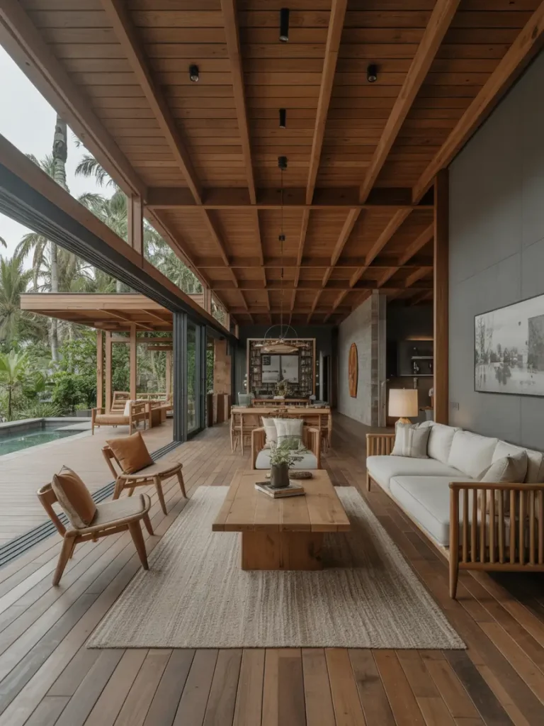 Sustainable luxury living room with open wooden design, eco-friendly materials, and seamless indoor-outdoor connection.