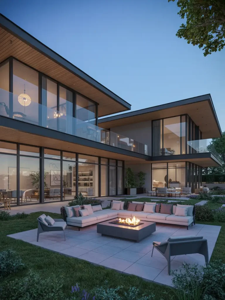 Modern luxury home with large glass windows, featuring an outdoor lounge area and a sleek fire pit surrounded by sectional seating.