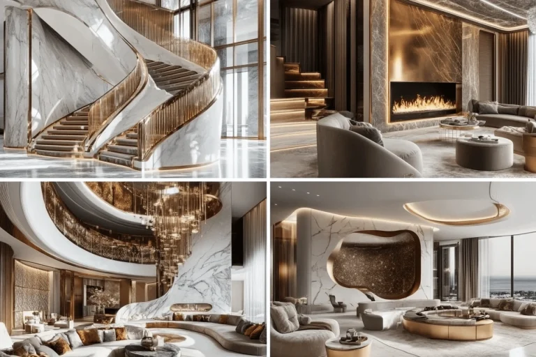 A collection of luxury home design ideas featuring grand staircases, modern fireplaces, opulent chandeliers, and elegant living spaces with gold and marble accents.