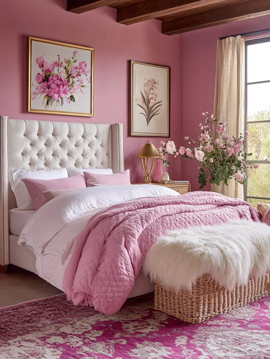 Elegant pink bedroom with tufted headboard, floral artwork, and pink quilted bedding.