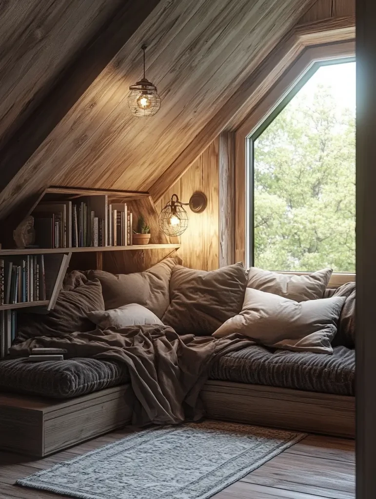 Cozy attic reading nook with wooden walls, soft cushions, and built-in bookshelf under slanted ceiling.