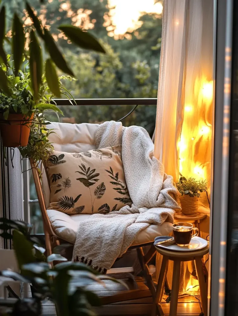 Cozy balcony reading nook with a cushioned chair, throw blanket, and string lights at sunset.