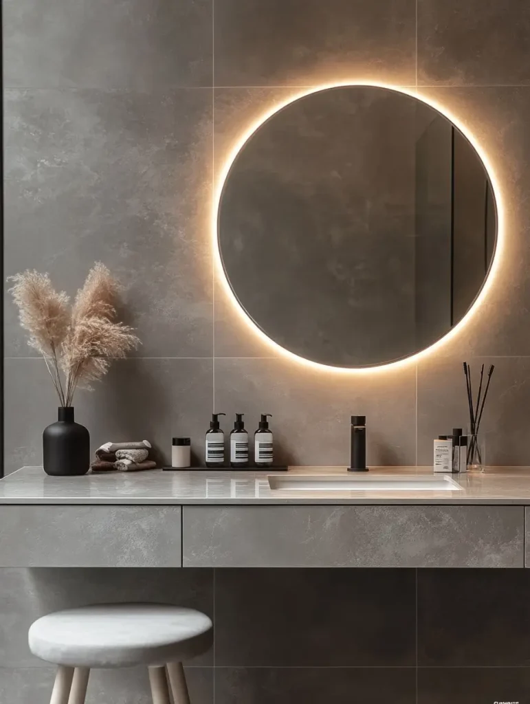 Modern bathroom vanity station with round backlit mirror, marble countertop, and minimalist decor.